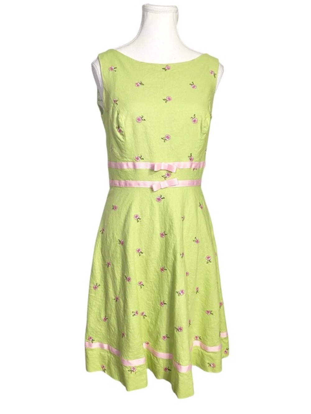 Lime Green Embroidered Floral Cottagecore Ribbon Trim Sleeveless Dress